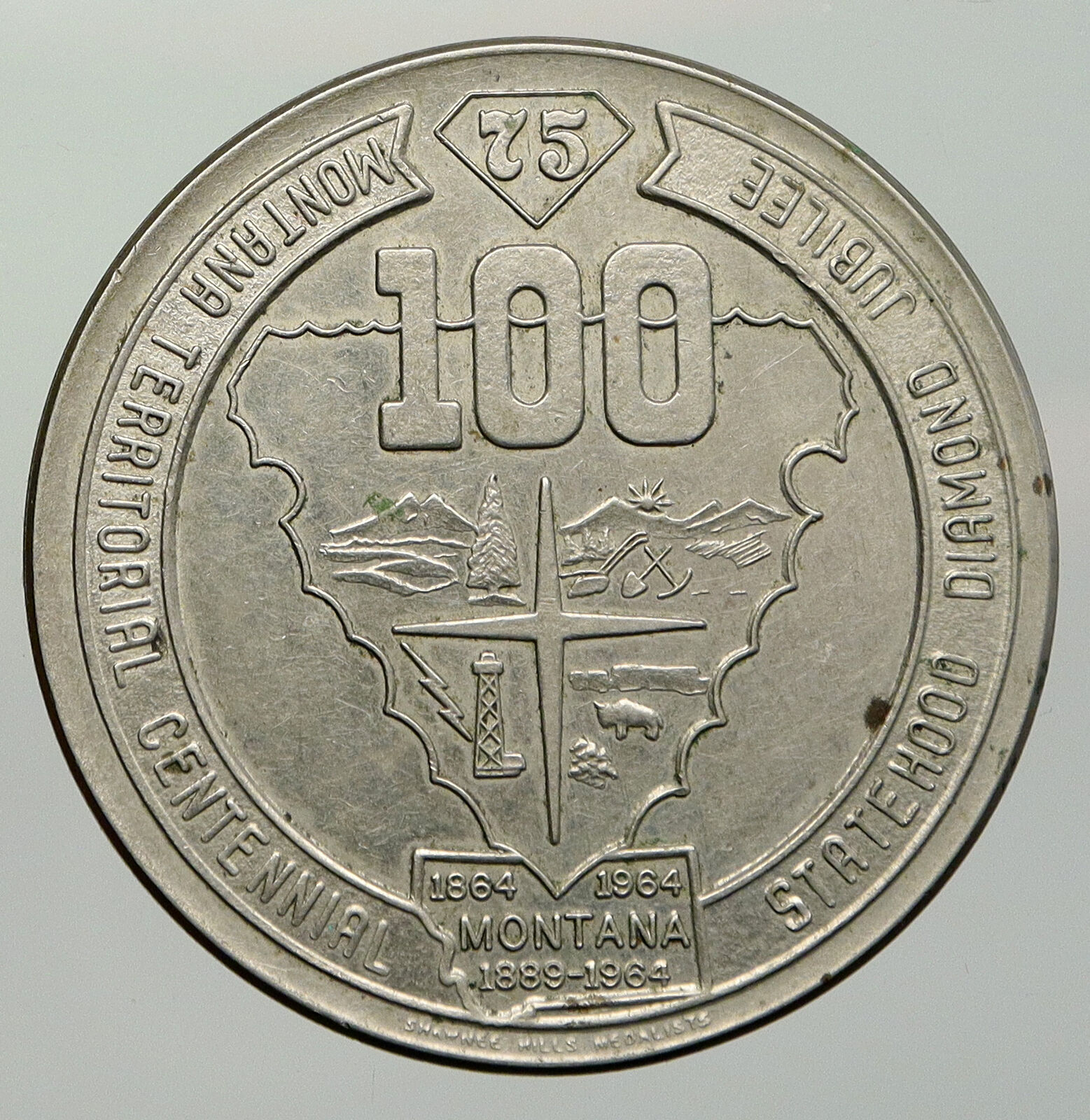 1964 MONTANA 100 / 75 Years of STATEHOOD HUGE 6.4cm SILVER Medal LEADERS i93019