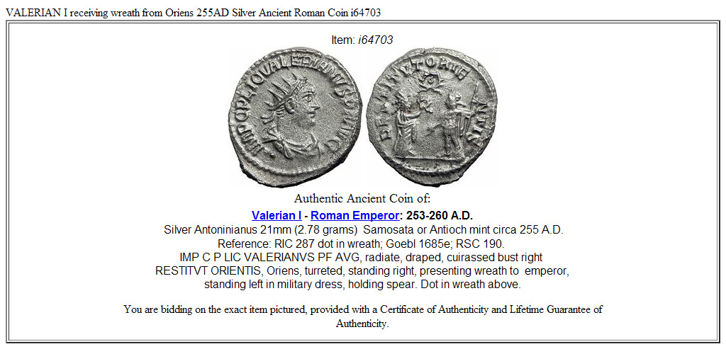 VALERIAN I receiving wreath from Oriens 255AD Silver Ancient Roman Coin i64703