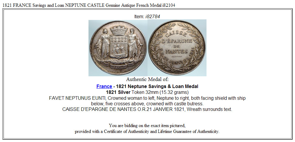 1821 FRANCE Savings and Loan NEPTUNE CASTLE Genuine Antique French Medal i82784