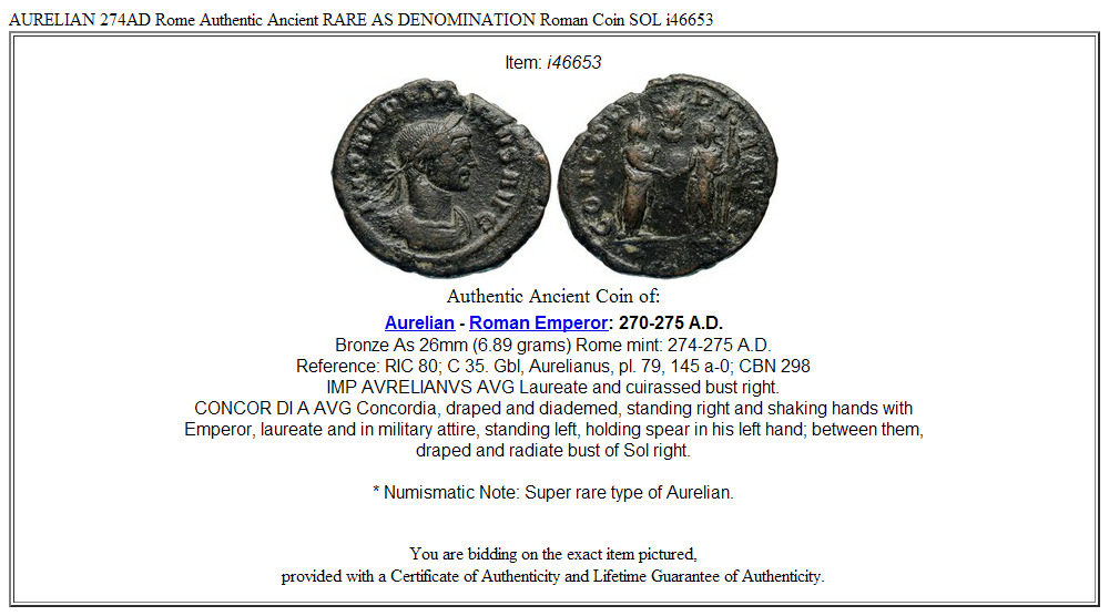 AURELIAN 274AD Rome Authentic Ancient RARE AS DENOMINATION Roman Coin SOL i46653