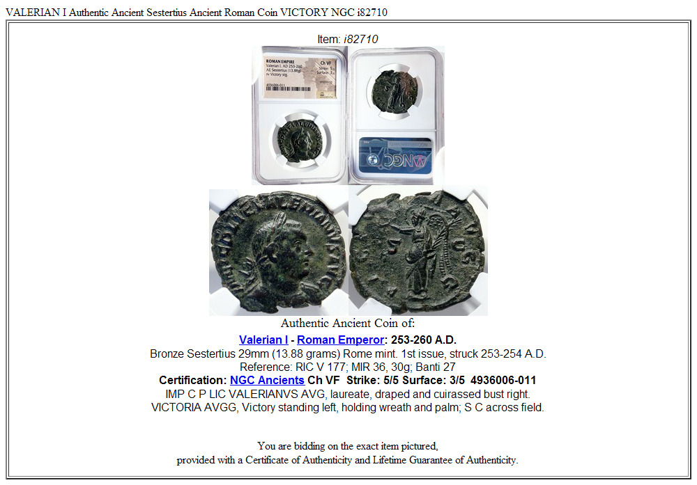 VALERIAN I Authentic Ancient Sestertius Ancient Roman Coin VICTORY NGC i82710