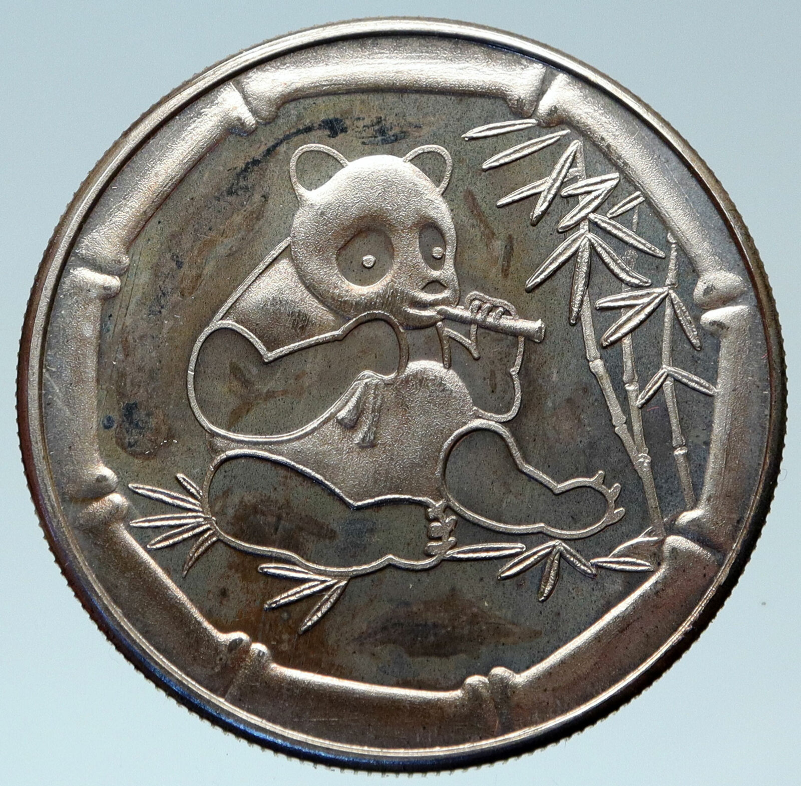 PANDA & WOLF Eating Bamboo Trees Lucky Charm Gift Genuine Silver Medal i82922