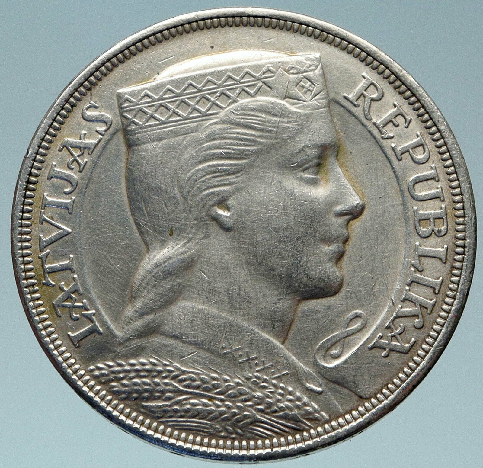 1929 LATVIA w Female Headwear 5 Lati LARGE Vintage Silver European Coin i82931