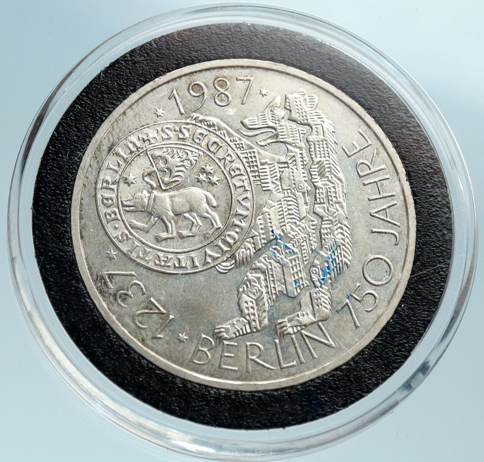 1987 J GERMANY City of Berlin Bear Genuine Antique Silver 10 Mark Coin i82799