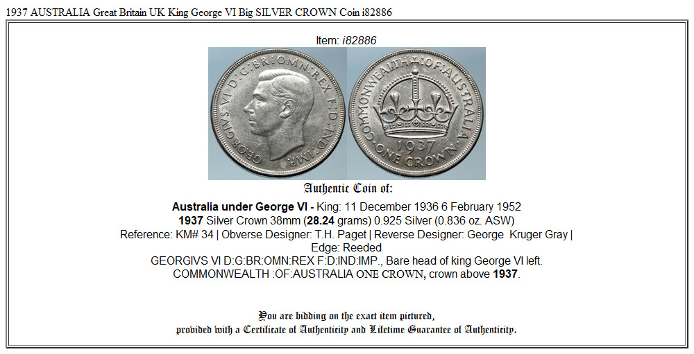 1937 AUSTRALIA Great Britain UK King George VI Big SILVER CROWN Coin i82886