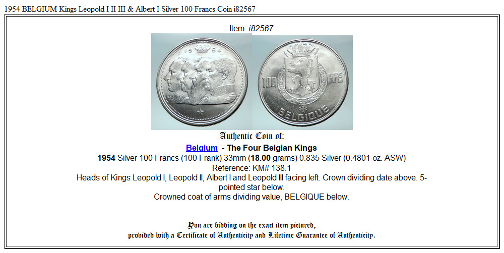 1954 BELGIUM Kings Leopold I II III & Albert I Silver 100 Francs Coin i82567