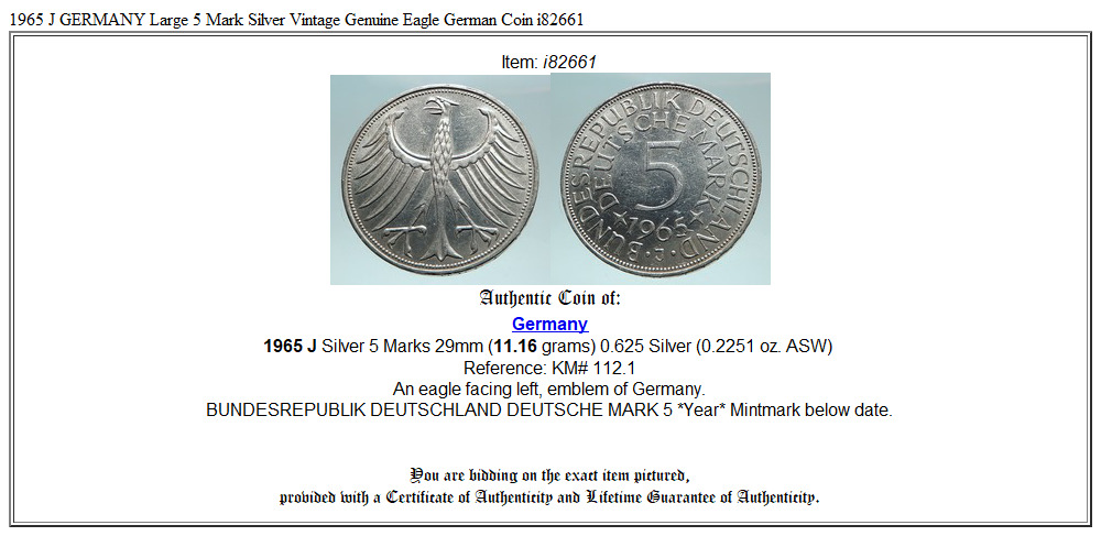 1965 J GERMANY Large 5 Mark Silver Vintage Genuine Eagle German Coin i82661