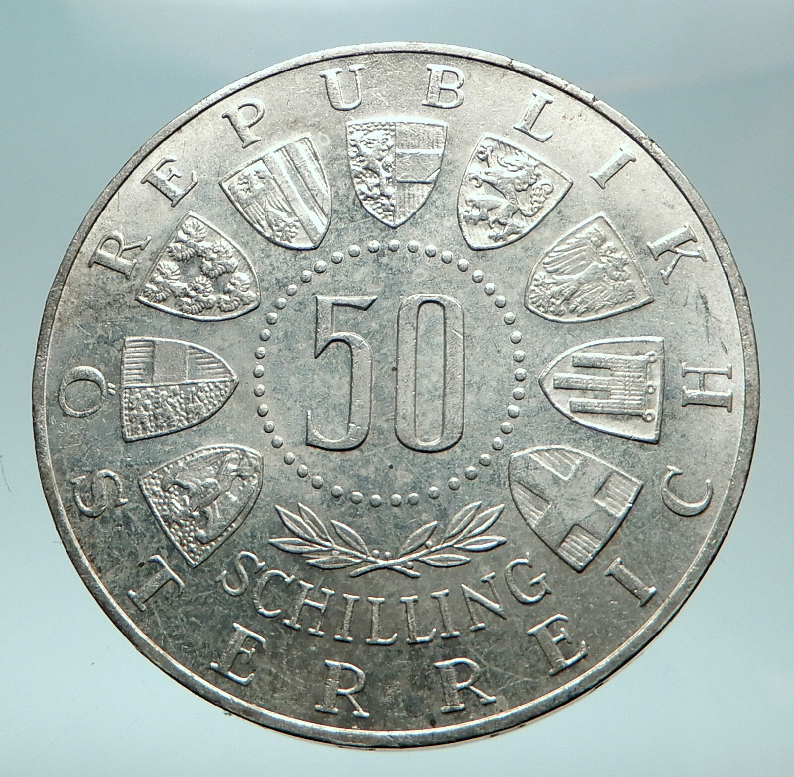 1963 AUSTRIA Tyrol and Austrian Shields Genuine Silver 50 Shilling Coin i82666