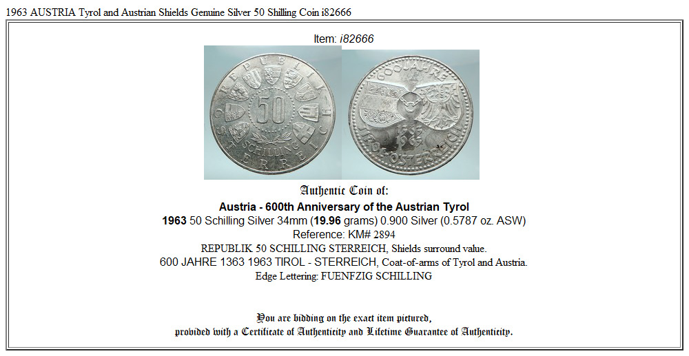 1963 AUSTRIA Tyrol and Austrian Shields Genuine Silver 50 Shilling Coin i82666