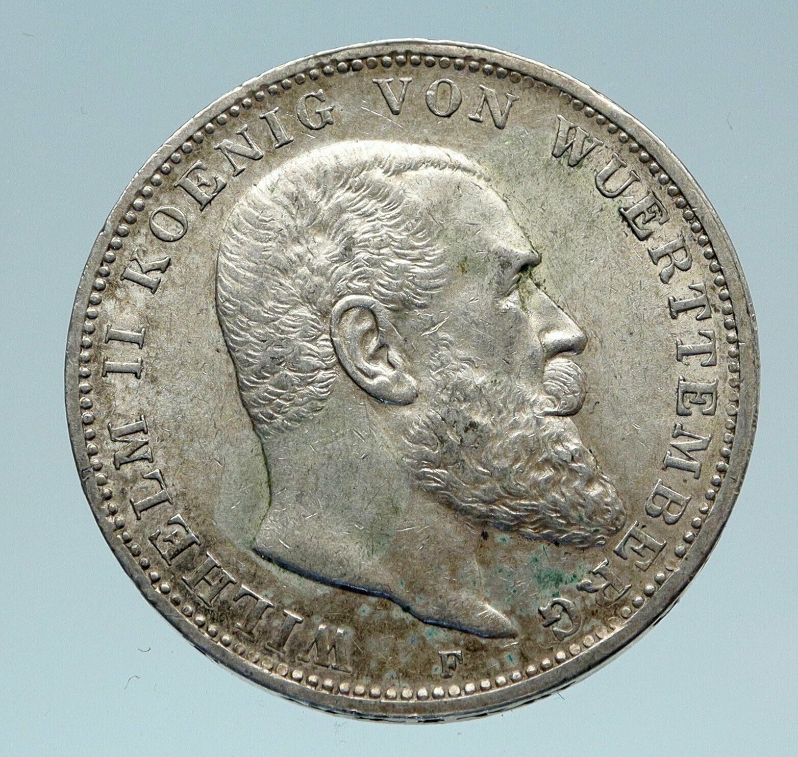 1913 F Germany GERMAN STATES Wurttemberg w WILHELM II Genuine Silver Coin i82745