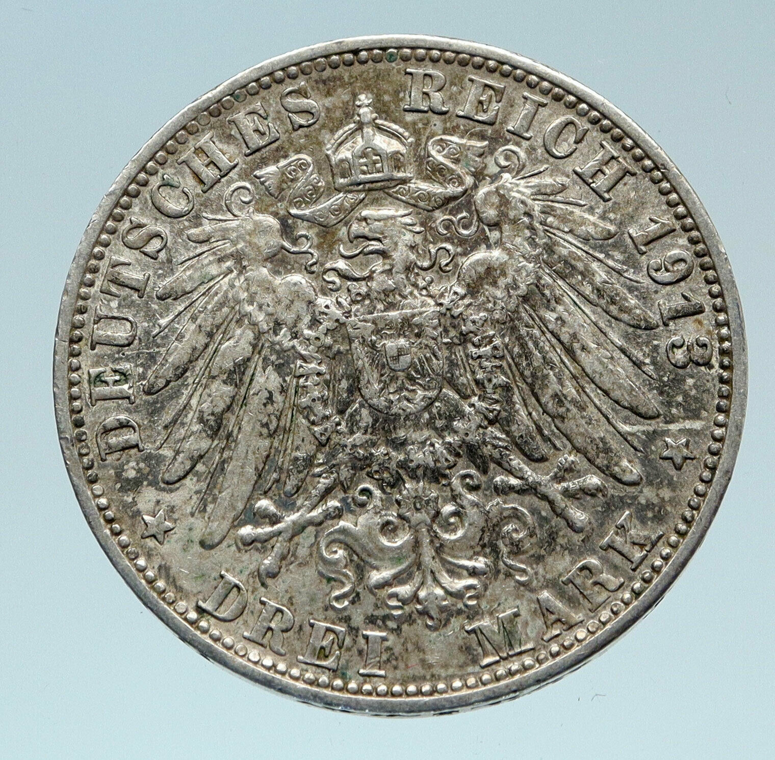 1913 F Germany GERMAN STATES Wurttemberg w WILHELM II Genuine Silver Coin i82745