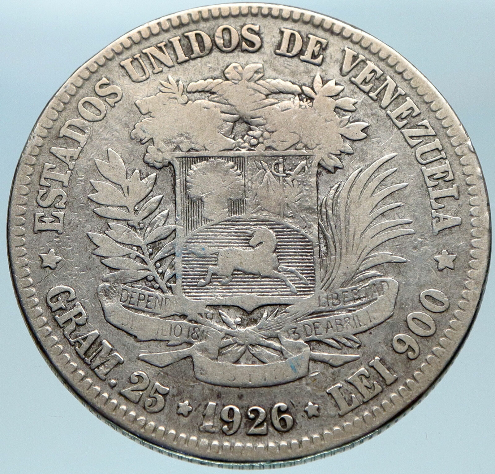 1926 Freemason President Simon Bolivar VENEZUELA Founder Silver 5 B Coin i82798