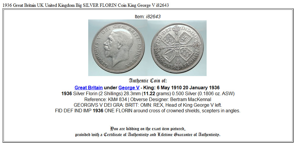 1936 Great Britain UK United Kingdom Big SILVER FLORIN Coin King George V i82643