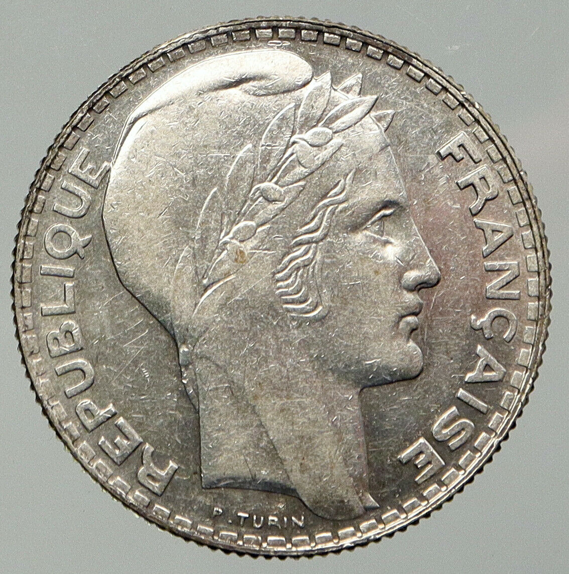 1939 FRANCE w Marianne FRENCH MOTTO Antique VINTAGE Silver 10 Francs Coin i92628