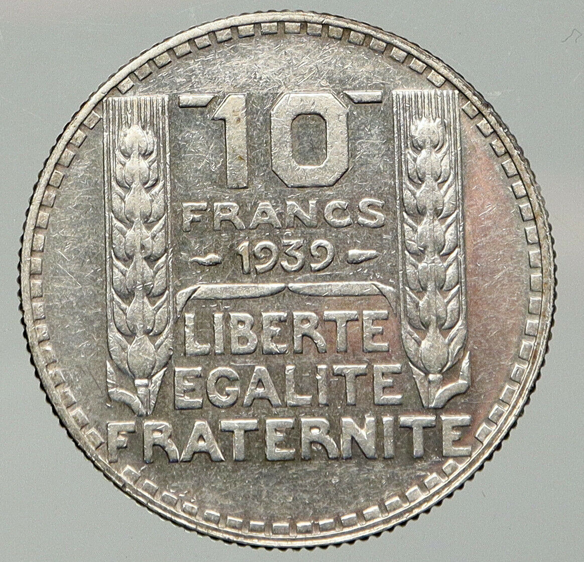 1939 FRANCE w Marianne FRENCH MOTTO Antique VINTAGE Silver 10 Francs Coin i92628