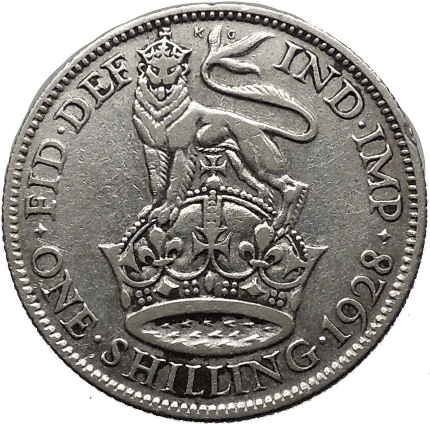 United Kingdom 1928 Silver 1 Shilling Coin with King George V Crowm Lion i32340