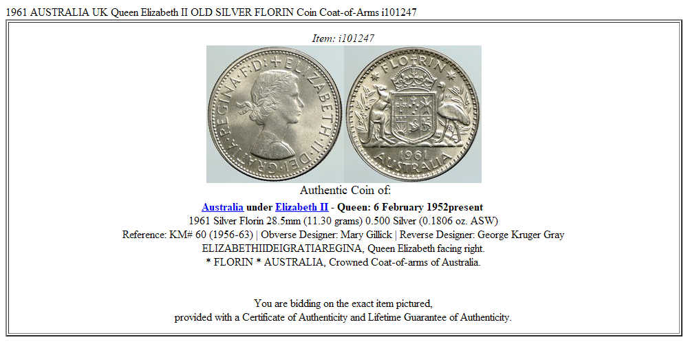 1961 AUSTRALIA UK Queen Elizabeth II OLD SILVER FLORIN Coin Coat-of-Arms i101247