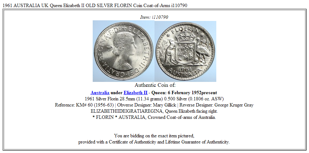 1961 AUSTRALIA UK Queen Elizabeth II OLD SILVER FLORIN Coin Coat-of-Arms i110790