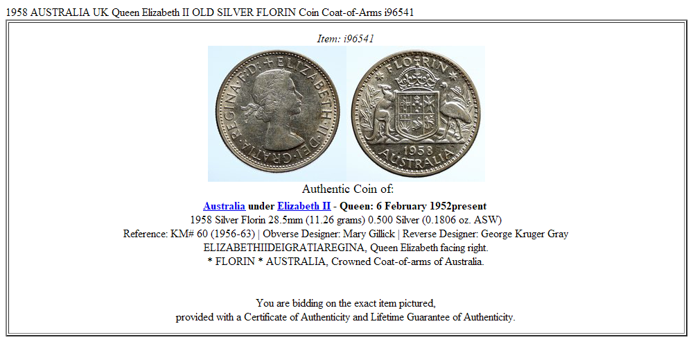 1958 AUSTRALIA UK Queen Elizabeth II OLD SILVER FLORIN Coin Coat-of-Arms i96541