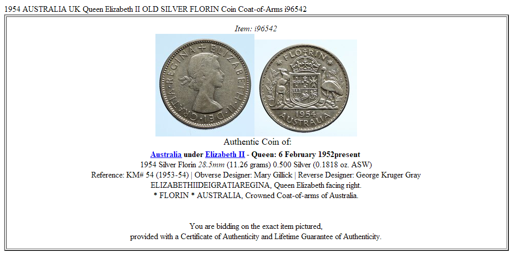 1954 AUSTRALIA UK Queen Elizabeth II OLD SILVER FLORIN Coin Coat-of-Arms i96542