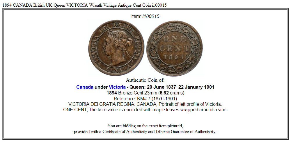 1894 CANADA British UK Queen VICTORIA Wreath Vintage Antique Cent Coin i100015