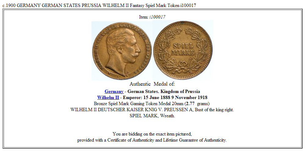 c.1900 GERMANY GERMAN STATES PRUSSIA WILHELM II Fantasy Spiel Mark Token i100017