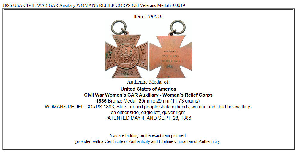 1886 USA CIVIL WAR GAR Auxiliary WOMANS RELIEF CORPS Old Veterans Medal i100019