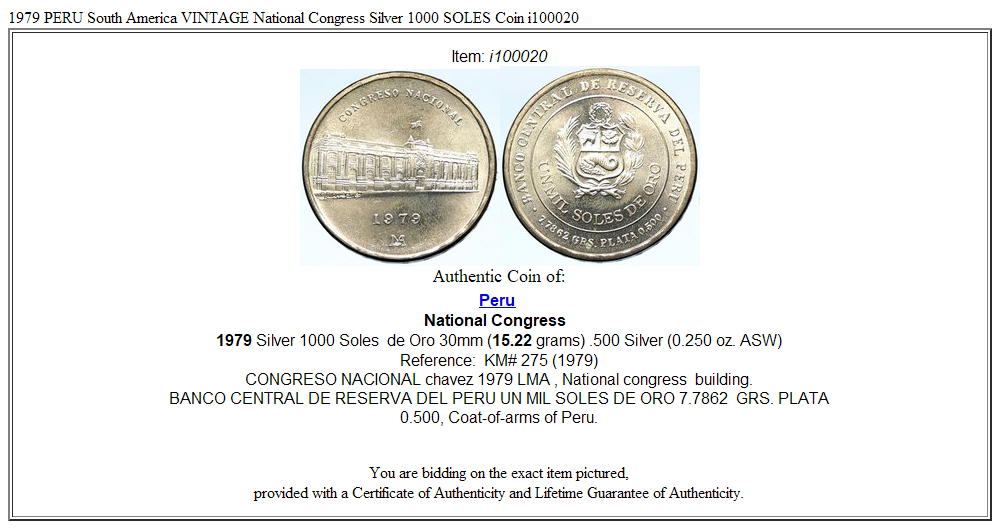 1979 PERU South America VINTAGE National Congress Silver 1000 SOLES Coin i100020