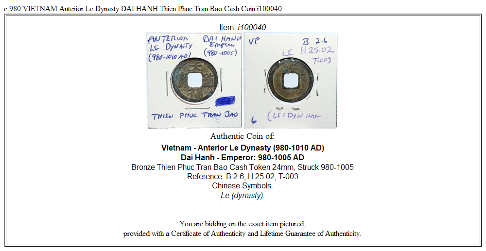 c.980 VIETNAM Anterior Le Dynasty DAI HANH Thien Phuc Tran Bao Cash Coin i100040