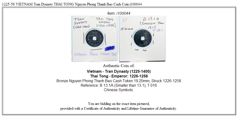 1225-58 VIETNAM Tran Dynasty THAI TONG Nguyen Phong Thanh Bao Cash Coin i100044