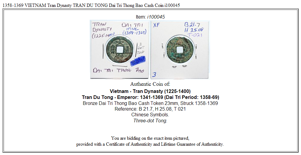 1358-1369 VIETNAM Tran Dynasty TRAN DU TONG Dai Tri Thong Bao Cash Coin i100045