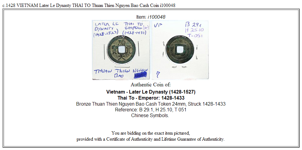 c.1428 VIETNAM Later Le Dynasty THAI TO Thuan Thien Nguyen Bao Cash Coin i100048