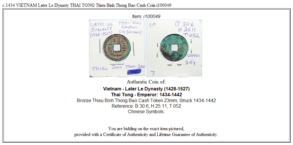 c.1434 VIETNAM Later Le Dynasty THAI TONG Thieu Binh Thong Bao Cash Coin i100049