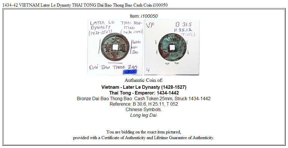 1434-42 VIETNAM Later Le Dynasty THAI TONG Dai Bao Thong Bao Cash Coin i100050