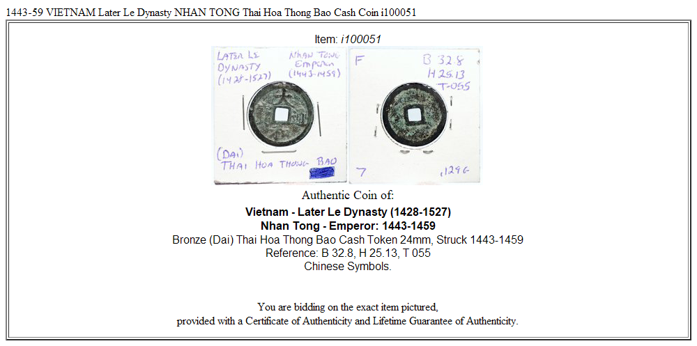 1443-59 VIETNAM Later Le Dynasty NHAN TONG Thai Hoa Thong Bao Cash Coin i100051