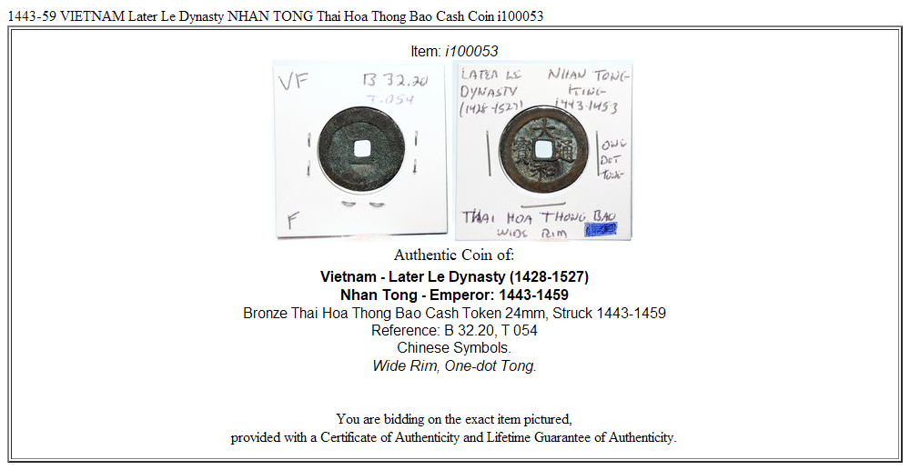 1443-59 VIETNAM Later Le Dynasty NHAN TONG Thai Hoa Thong Bao Cash Coin i100053