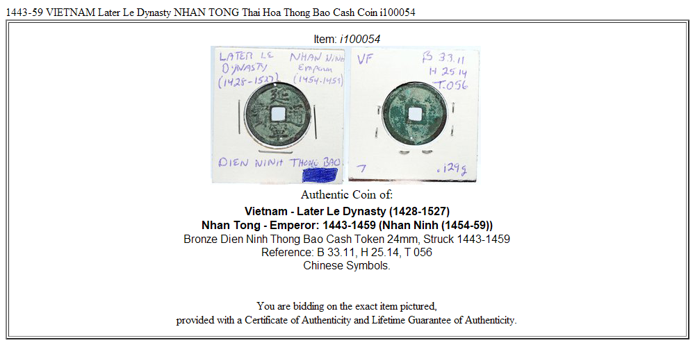 1443-59 VIETNAM Later Le Dynasty NHAN TONG Thai Hoa Thong Bao Cash Coin i100054