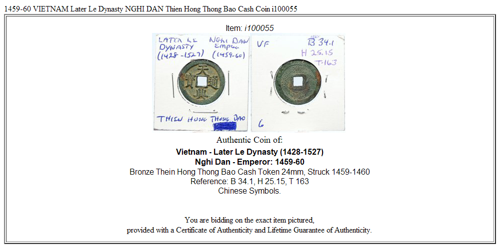 1459-60 VIETNAM Later Le Dynasty NGHI DAN Thien Hong Thong Bao Cash Coin i100055