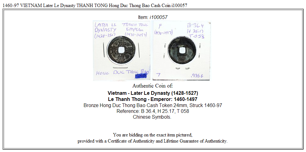 1460-97 VIETNAM Later Le Dynasty THANH TONG Hong Duc Thong Bao Cash Coin i100057