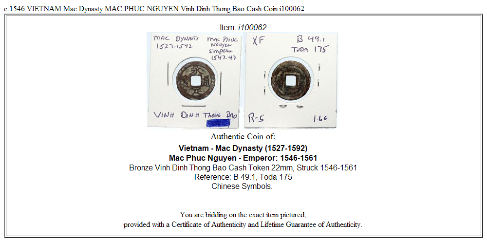 c.1546 VIETNAM Mac Dynasty MAC PHUC NGUYEN Vinh Dinh Thong Bao Cash Coin i100062