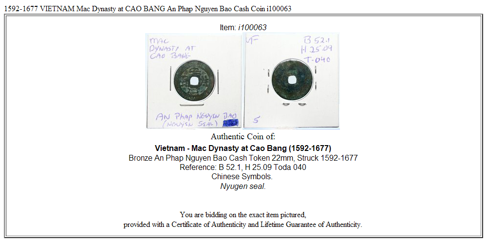 1592-1677 VIETNAM Mac Dynasty at CAO BANG An Phap Nguyen Bao Cash Coin i100063