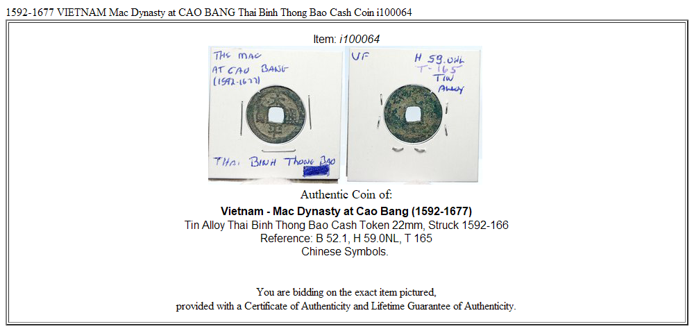 1592-1677 VIETNAM Mac Dynasty at CAO BANG Thai Binh Thong Bao Cash Coin i100064