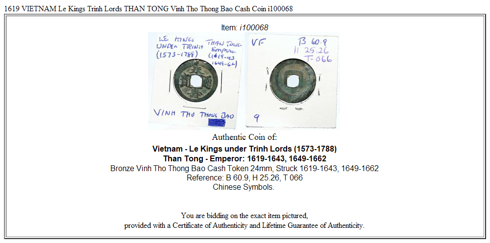 1619 VIETNAM Le Kings Trinh Lords THAN TONG Vinh Tho Thong Bao Cash Coin i100068