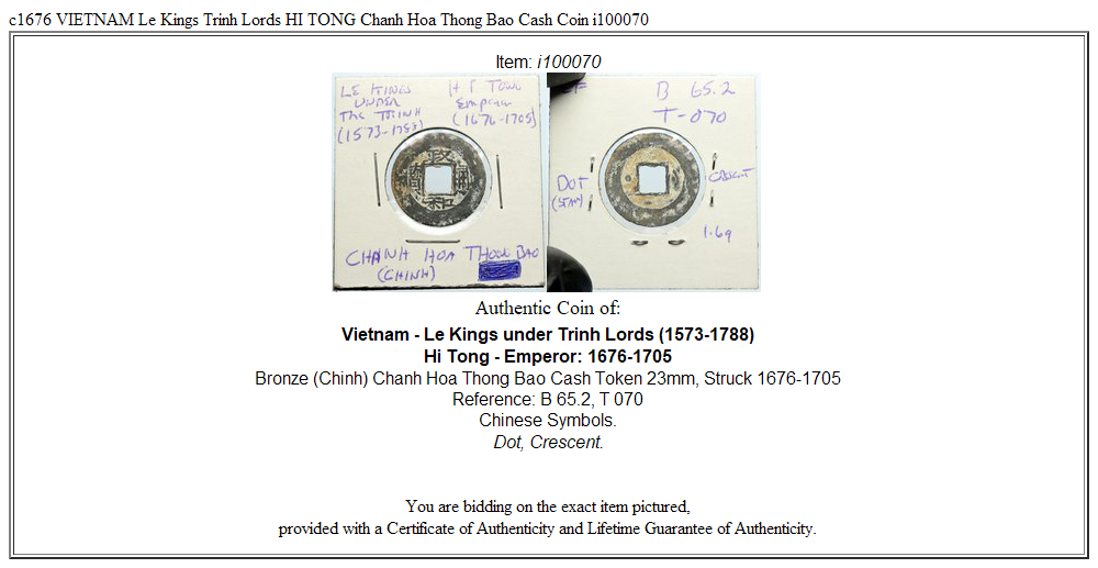 c1676 VIETNAM Le Kings Trinh Lords HI TONG Chanh Hoa Thong Bao Cash Coin i100070