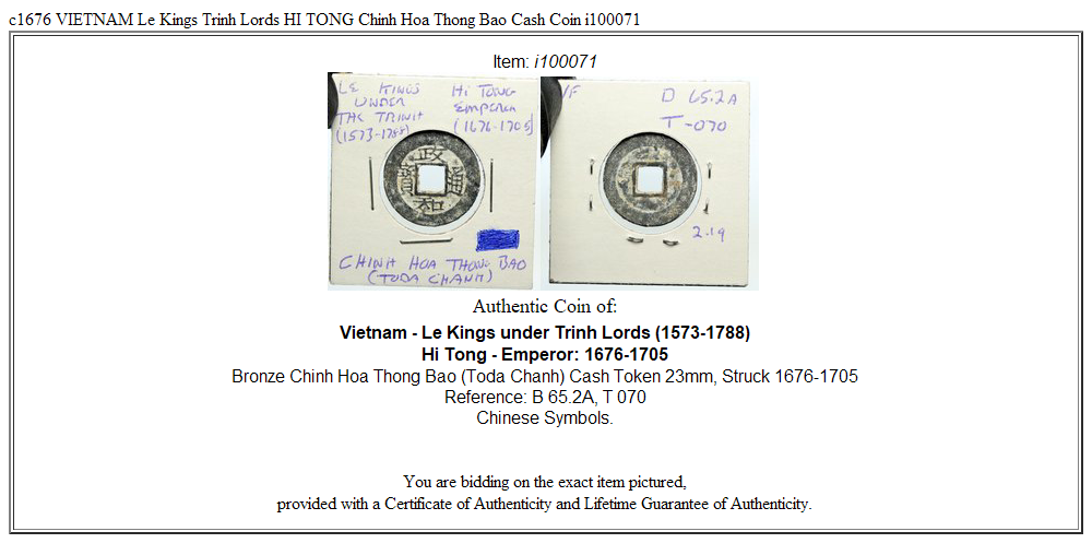 c1676 VIETNAM Le Kings Trinh Lords HI TONG Chinh Hoa Thong Bao Cash Coin i100071