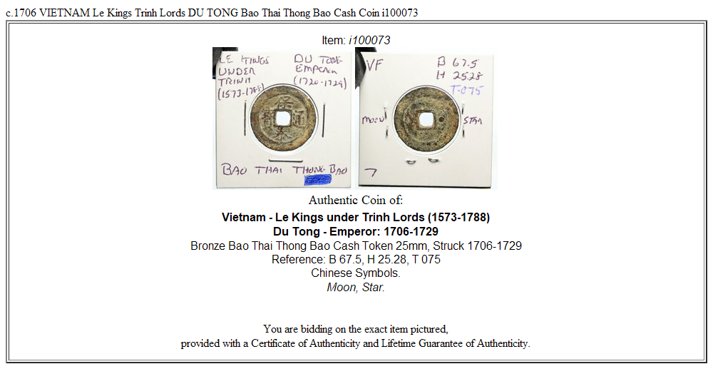 c.1706 VIETNAM Le Kings Trinh Lords DU TONG Bao Thai Thong Bao Cash Coin i100073