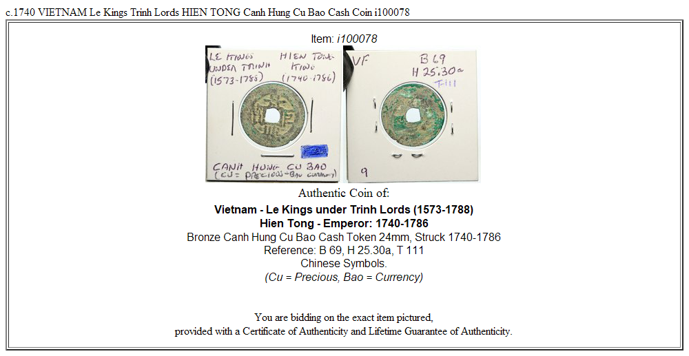 c.1740 VIETNAM Le Kings Trinh Lords HIEN TONG Canh Hung Cu Bao Cash Coin i100078