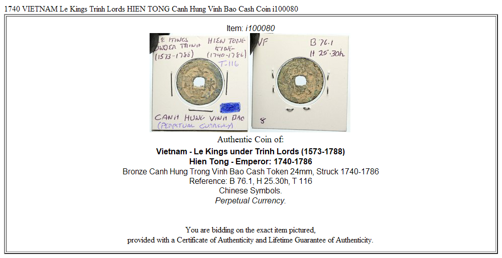 1740 VIETNAM Le Kings Trinh Lords HIEN TONG Canh Hung Vinh Bao Cash Coin i100080