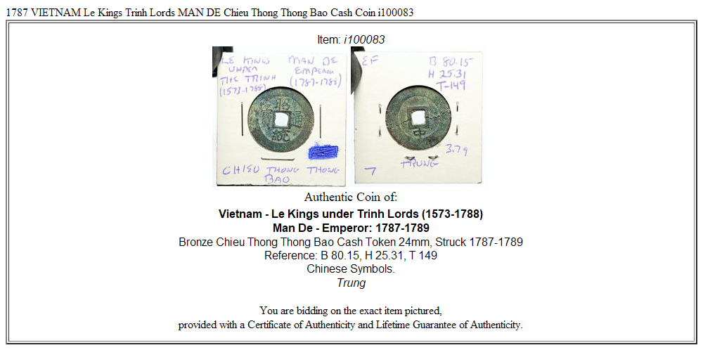 1787 VIETNAM Le Kings Trinh Lords MAN DE Chieu Thong Thong Bao Cash Coin i100083