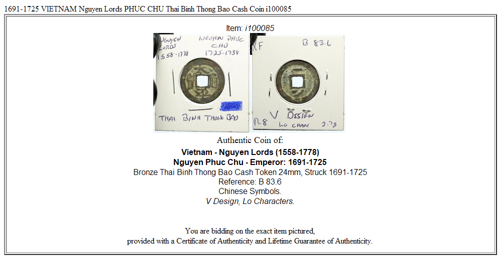 1691-1725 VIETNAM Nguyen Lords PHUC CHU Thai Binh Thong Bao Cash Coin i100085